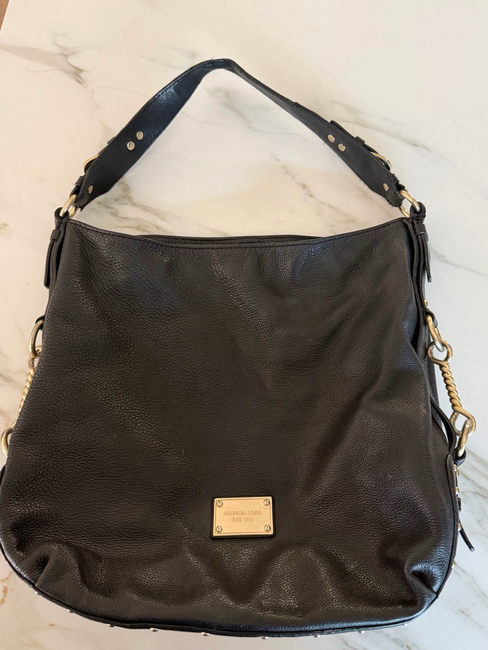 Michael Kors Black Pebbled Leather Studded Hobo Shoulder Bag Gold Hardware